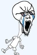 bloodshot_eyes clothes crying full_body glasses jump open_mouth redraw soyjak stretched_mouth stubble template transparent_background tshirt variant:soyak // 389x578 // 20.1KB