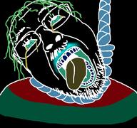 ack bloodshot_eyes blue_teeth brown_tongue crying dead flag glasses green_hair hair hanging lipstick mustache open_mouth rope series:invertedjaks soyjak stubble suicide tongue tranny variant:bernd // 768x719 // 73.2KB