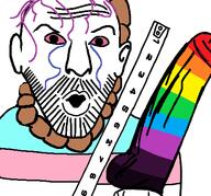 bloodshot_eyes clothes crying dildo ear flag hair hanging lgbt mustache nsfw open_mouth purple_hair rainbow rope ruler soyjak stubble tranny variant:56jak // 451x420 // 38.2KB