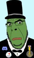 bowtie closed_mouth clothes discord frog frown glasses green_skin hat i_love pepe soot_colors soyjak soyjak_cafe soyjak_party stubble text top_hat tuxedo variant:cobson // 769x1312 // 86.3KB