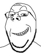 clenched_teeth dreamworks_face glasses looking_at_you monochrome raised_eyebrow smile smirk soyjak stubble subvariant:wholesome_soyjak variant:gapejak white_background // 600x800 // 19.6KB