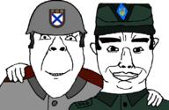 2soyjaks arm cap chud_troon_alliance closed_mouth clothes country ear friendship hat helmet looking_at_you meta:tagme military nazism open_mouth russia russian_liberation_army subvariant:chudjak_front ukraine ukrainian_insurgent_army variant:bernd variant:chudjak // 834x541 // 53.4KB