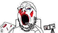 black_eye blood blood_drip blood_from_eyes blood_from_mouth blood_on_face bloodshot_eyes bruise camera chair dangling_eye drawn_background eye_socket glasses gore hacksaw hand holding_object injury knife missing_eye nosebleed open_mouth pliers pov saw soyjak spoon stubble torture variant:gapejak // 1402x800 // 71.1KB