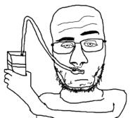 arm closed_mouth drinking drinking_straw glasses hand holding_object mustache soyjak stubble variant:unknown // 670x582 // 19.0KB