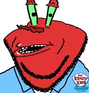 amerimutt cartoon coat crab eye_stalks green_sclera krusty_krab lips looking_at_you mr_krabs mutt nickelodeon open_mouth red_skin soyjak spongebob_squarepants stubble subvariant:impish_amerimutt variant:impish_soyak_ears white_background white_shirt // 598x628 // 39.9KB