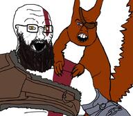2soyjaks beard blue_eyes buck_teeth clothes eyepatch glasses god_of_war kratos open_mouth ratatoskr soyjak squirreljak subvariant:feralsquirrel tattoo trend:squirreljakking variant:feraljak variant:soyak video_game yellow_eyes // 900x788 // 176.9KB