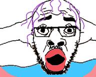 arm glasses hair hand mustache open_mouth purple_hair soyjak stubble tranny variant:shockjak // 250x202 // 22.7KB