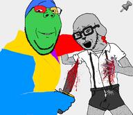 2soyjaks animal_abuse arm blood bloodshot_eyes clothes colorful crying dog ear glasses grey_skin hairy hand holding_knife holding_object janny knife leg monochrome open_mouth push_pin smile soyjak stab sticky stubble subvariant:wholesome_soyjak variant:gapejak variant:soyak weapon // 692x598 // 101.5KB