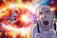 astronaut body glasses hand holding_object holding_sign irl_background looking_at_you open_eyes open_mouth outer_space pointing shading soyjak stubble text trend:colorjak truth_nova truth_nuke variant:cobson // 2000x1334 // 2.7MB