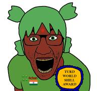 4chan 4cuck anime arm award brown brown_skin clothes dirty_mouth dot dothead_nigger glasses green green_eyes green_hair hair india indian indian_flag open_mouth shill teeth tshirt variant:el_perro_rabioso yotsoyba // 600x562 // 78.0KB