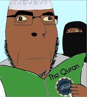 2soyjaks brown_eyes brown_skin closed_mouth clothes cross_eyed glasses hat hijab islam quran soyjak stubble subvariant:gapejak_female text variant:cobson variant:gapejak yellow_sclera // 384x425 // 100.7KB