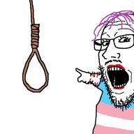 eyelashes glasses hair lipstick looking_at_you noose open_mouth pointing self_harm stubble tranny variant:markiplier_pointing_soyjak // 899x899 // 13.8KB