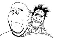 2soyjaks black_eyes closed_mouth frown glasses grin hair sad siamese_twins smile soyjak stubble subvariant:wholesome_soyjak variant:gapejak variant:markiplier_soyjak // 1200x800 // 124.9KB