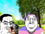 animated bloodshot_eyes crying dead deformed full_body glasses gun hand hanging heaven hell irl_background middle_finger murder music open_mouth purple_hair rope smile smug sound soyjak stubble tongue tranny variant:bernd variant:chudjak variant:israeli_soyjak video // 640x480, 13.2s // 1.2MB