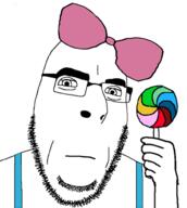 bow candy closed_mouth dress glasses holding_lollipop holding_object lollipop looking_at_you neutral soyjak stubble variant:cobson // 591x660 // 128.0KB