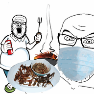 2soyjaks arm barbecue bug clothes cockroach cooking facemask food full_body glasses grill hand holding_object leg mustache open_mouth plate soyjak stubble variant:a24_slowburn_soyjak variant:feraljak // 800x768 // 91.3KB