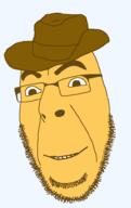 clothes cowboy_hat emoticon glasses grin happy hat series:soymoji smile soyjak stubble variant:cobson yellow yellow_skin // 619x982 // 41.9KB