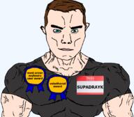 arm award blue_eyes brown_hair buff closed_mouth clothes hair hello_my_name_is_(sticker) soyjak subvariant:chudjak_front subvariant:muscular_chud supadrayk_(user) tshirt variant:chudjak vein // 1059x929 // 128.7KB