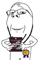 arm award glasses hand hersheys hersheys_kisses holding_object kiss smile stubble subvariant:wholesome_soyjak variant:gapejak // 676x1021 // 114.2KB