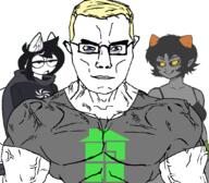 arm bikini blond blue_eyes breasts bwc closed_mouth clothes dark_hair dog_ear ear eyebrows glasses grey_shirt grey_skin grin hair homestuck horn jade_harley logo muscles nepeta_leijon open_mouth pointy_ears smile smirk soyjak subvariant:chudjak_front subvariant:muscular_chud teeth troll_(homestuck) tshirt variant:chudjak vein white_background yellow_hair // 1059x929 // 247.8KB