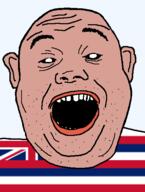 amerimutt black_sclera clothes ear flag flag:hawaii hair hawaii open_mouth red_shirt soyjak state stubble teeth transparent_background united_states variant:alicia // 418x555 // 18.6KB