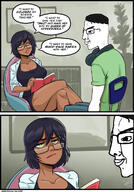 artist:adolf_hitler book bwc closed_mouth comic dark_skin female girl glasses holding_book holding_object reading root science sitting teacher text thighs variant:chudjak // 841x1204 // 432.0KB