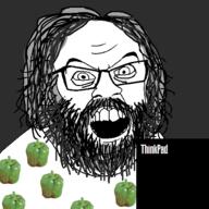 beard gimp gimp_(photo_manipulation_program) glasses gnulinux green_is_my_pepper grey_hair hair mustache open_mouth richard_stallman soyjak technology thinkpad variant:feraljak // 1500x1500 // 368.3KB