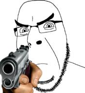 angry closed_mouth firearm frown glasses gun hand holding_gun holding_object holding_pistol pistol pointing pointing_at_viewer soyjak stubble variant:cobson weapon // 775x849 // 61.3KB