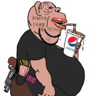 1488 amerimutt arm belly black_pants black_shirt brown_skin cup drinking drinking_straw ear fat flag:confederate_states_of_america french_fries gun hand holding_object lips looking_at_you mcdonalds mutt nazism pepsi pocket poop revolver side_profile spilled stubble subvariant:impish_amerimutt swastika tattoo text trend:aryan variant:impish_soyak_ears weapon white // 700x758 // 180.3KB