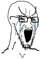 aliased bloodshot_eyes crying glasses large_eyebrows open_mouth soyjak stretched_mouth stubble template variant:soyak white_background // 785x1000 // 18.5KB