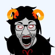 angry aradia_megido clothes eyelashes glasses grey_skin hair homestuck horn lips lipstick makeup open_mouth soyjak stubble troll_(homestuck) variant:el_perro_rabioso white_eyes zodiac // 450x450 // 9.6KB