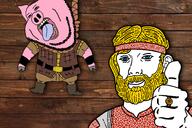 2soyjaks arm bandana bandera beard blue_eyes clothes ear full_body hand hanging islam kieavan_russia kolovrat oink open_mouth pig pink_skin ring rope slavic smile soyjak stubble suicide text thumbs_up tongue ukraine variant:gapejak variant:impish_soyak_ears variant:kuzjak wood yellow_teeth // 1620x1080 // 1.3MB