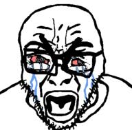 angry bloodshot_eyes crying glasses merge open_mouth soyjak stubble variant:cryboy_soyjak variant:rupturejak // 423x416 // 10.7KB