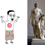 animated arm clothes david full_body glasses hair hand hands_up leg michelangelo nazism open_mouth pol_(4chan) sculpture soyjak statue swastika text tshirt variant:chudjak // 1347x1200 // 3.2MB