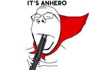anhero arm cape closed_eyes closed_mouth firearm glasses hand holding_gun holding_object holding_shotgun its_over pun soyjak subvariant:wholesome_soyjak suicide superhero text variant:gapejak // 1000x750 // 196.9KB
