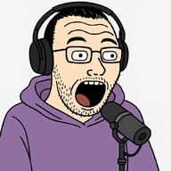 beard brimstone coal dark_hair dave_smith eyebrows forehead_mark glasses hair headphones hoodie meta:ai_generated microphone nose open_mouth purple_shirt soulless thick_eyebrows variant:unknown white_skin // 1024x1024 // 111.4KB
