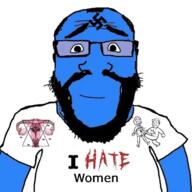 arm balding beard blue_skin calm closed_mouth clothes fallout glasses hair i_hate nazism smile soyjak subvariant:science_lover swastika text tshirt vagina variant:markiplier_soyjak vault_boy woman // 654x654 // 295.7KB