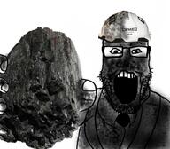 arm clothes coal glasses hand hat helmet holding_coal holding_object miner mining_helmet open_mouth soyjak stubble variant:markiplier_soyjak // 1026x900 // 807.6KB