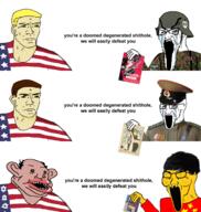 3soyjaks amerimutt bloodshot_eyes china closed_mouth clothes communism crying ear flag flag:china flag:lgbt_pride_flag flag:united_states glasses hair hammer_and_sickle hand hat helmet holding_object nas:amerimutt nazism open_mouth soldier soyjak star star_of_david stubble text uniform united_states variant:soyak // 2037x2146 // 1.5MB