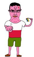 anger_mark arm badge bloodshot_eyes clothes crying full_body glasses hair hand holding_flag holding_object leg pee_stain pink_skin pointing pointing_at_viewer poland shoe shorts soyjak subvariant:chudjak_front sweating tranny tshirt variant:chudjak vein yellow_teeth // 1564x2591 // 88.2KB