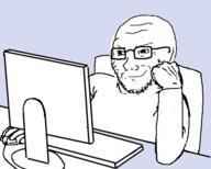 arm chair clothes computer glasses hand screen smug soyjak stubble table variant:soyak // 452x363 // 97.9KB