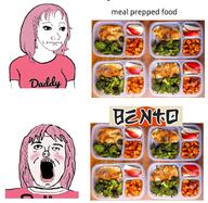 bento blush clothes daddy daddy's_girl female femjak food hair irl japan lipstick open_mouth pink_hair subvariant:female_a24_slowburn tshirt variant:a24_slowburn_soyjak variant:wojak white_skin wojak // 908x883 // 200.3KB