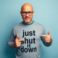 ai_generated ai_slop just_shut_it_down pointing pointing_at_object pointing_at_shirt pointing_finger realistic shut_it_down soyjak variant:unknown // 512x512 // 294.6KB