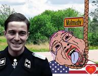 Joachim_Peiper Malmedy Malmedy_massacre Sturmbannführer Werner_Poetschke ack amerimutt anti_mutt belgium bloodshot_eyes brown_skin country crying fat flag glasses hair hanging heart irl_background iron_cross massacre mcdonalds mustache nazi_germany nazism open_mouth purple_hair rope schutzstaffel soyjak stubble suicide tongue united_states variant:bernd war_crime world_war_2 wwii yellow_teeth // 1872x1453 // 221.6KB