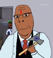 2soyjaks american_psycho axe brown_eyes brown_skin closed_mouth clothes flag:india glasses hindu india necktie open_mouth patrick_bateman raincoat soyjak stubble subvariant:nucob suit variant:cobson variant:soyak // 826x897 // 127.3KB