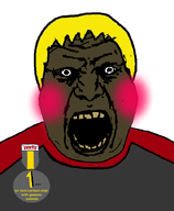 angry award beast_face black_skin blond blush fat grey_shirt inhuman no_eyebrows no_glasses no_stubble rage red_shirt rotten_teeth subvariant:hunky_twink_sex_machine subvariant:the_beast variant:alicia white_background white_eyes wide_eyes // 592x720 // 138.5KB