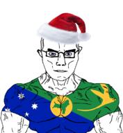 arm blue_eyes buff christmas_islands closed_mouth clothes flag flag:christmas_islands glasses hair santa santa_hat soyjak subvariant:chudjak_front subvariant:muscular_chud tshirt variant:chudjak vein // 1059x1151 // 252.5KB