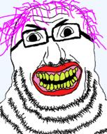 angry glasses hair mustache open_mouth purple_hair soyjak stubble tranny variant:grrrhjak yellow_teeth // 668x838 // 45.1KB