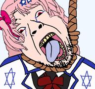 ack anime anime_female beard bow clothes crying female flag:israel hair hair_ribbon hanging israel negev negev_(girls'_frontline) pink_hair propaganda red_eyes rope star_of_david stubble tongue tranime_girl tranny variant:bernd yellow_teeth // 1677x1569 // 636.6KB