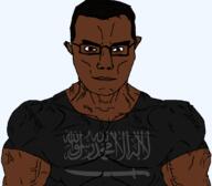 angry arabic_text arm brown_eyes brown_skin buff closed_mouth clothes ear glasses hair isis islam shahada smile soyjak subvariant:chudjak_front subvariant:muscular_chud sword variant:chudjak // 1059x929 // 73.7KB